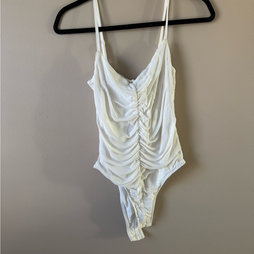 Mono B White Ruched Bodysuit
